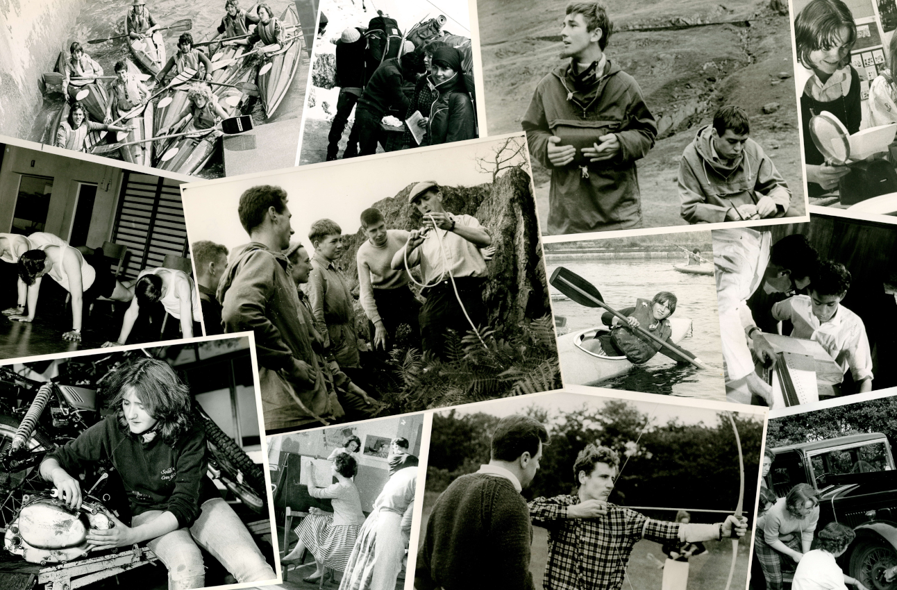 A collage of black and white photographs depicting young people taking part in activities from the expedition, physical and skill sections of The Duke of Edinburgh’s Award. Scenes include young people on mountain expeditions, practicing archery, repairing vehicles, paddling kayaks, working with tools, crafting and cooking